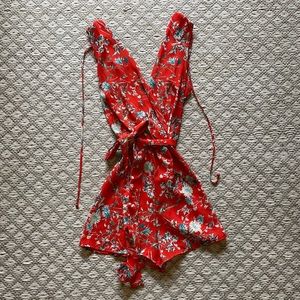 Flower print red orange shorts romper
